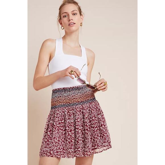 Maeve Floral Smocked Multicolor Boho Bohemian Festival Mini Skirt - Picture 1 of 6
